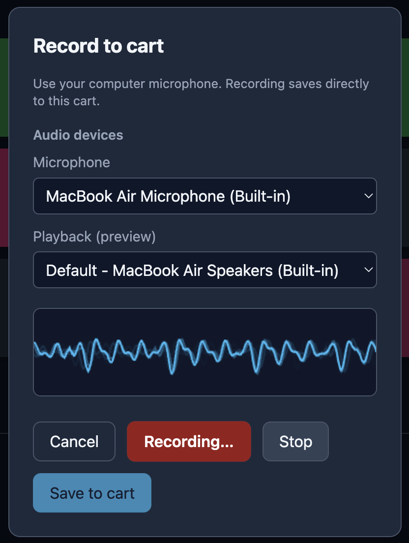 Record to cart: choose microphone and playback devices, record and save to cart