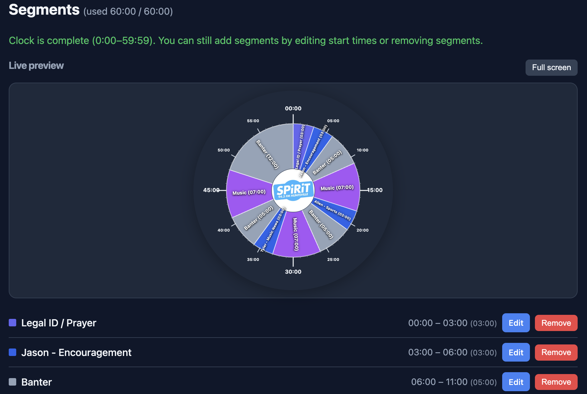 Segments editor with live preview and segment list