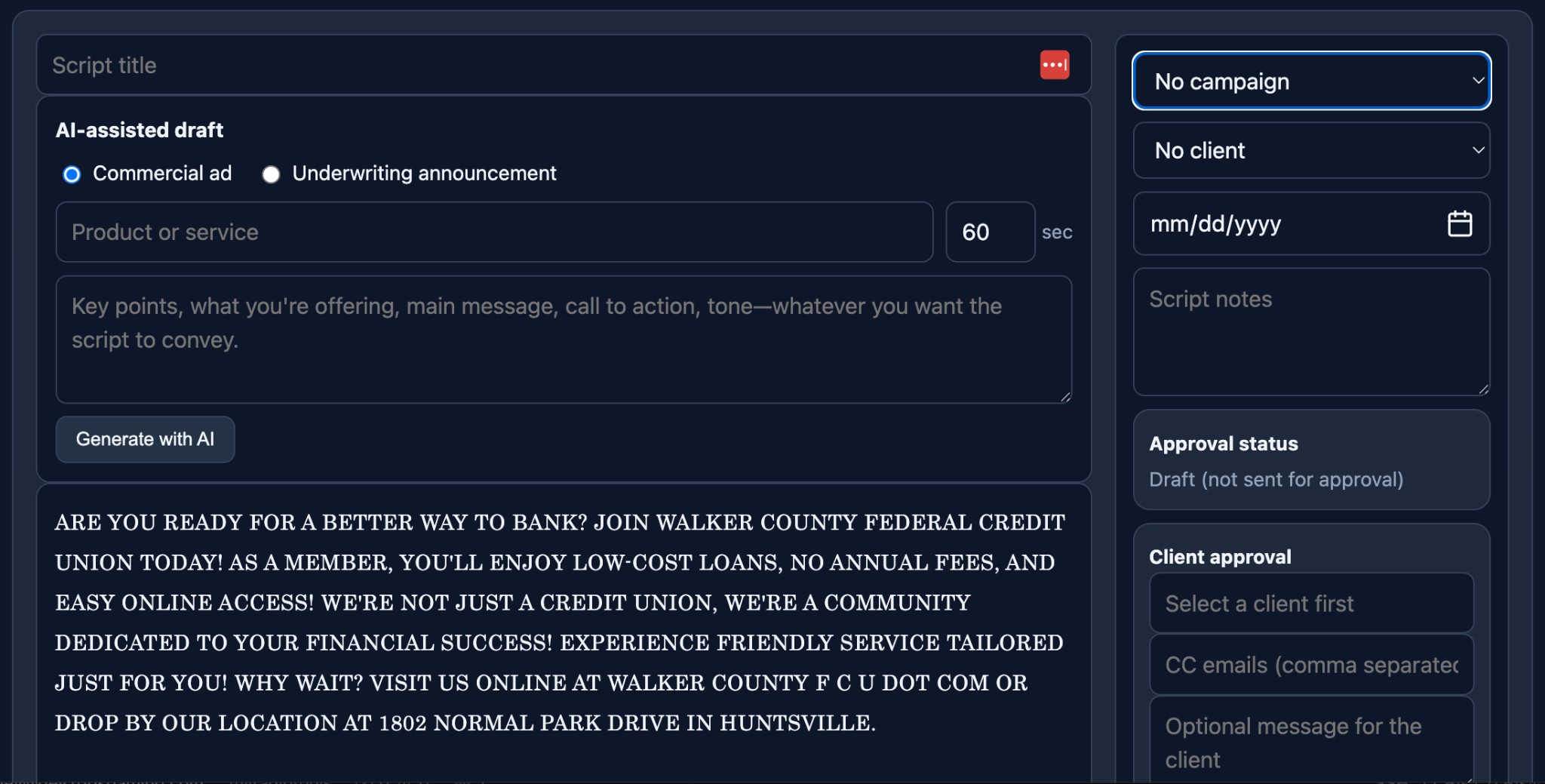 Copy management: script editor with AI-assisted draft, campaign/client fields, and approval workflow