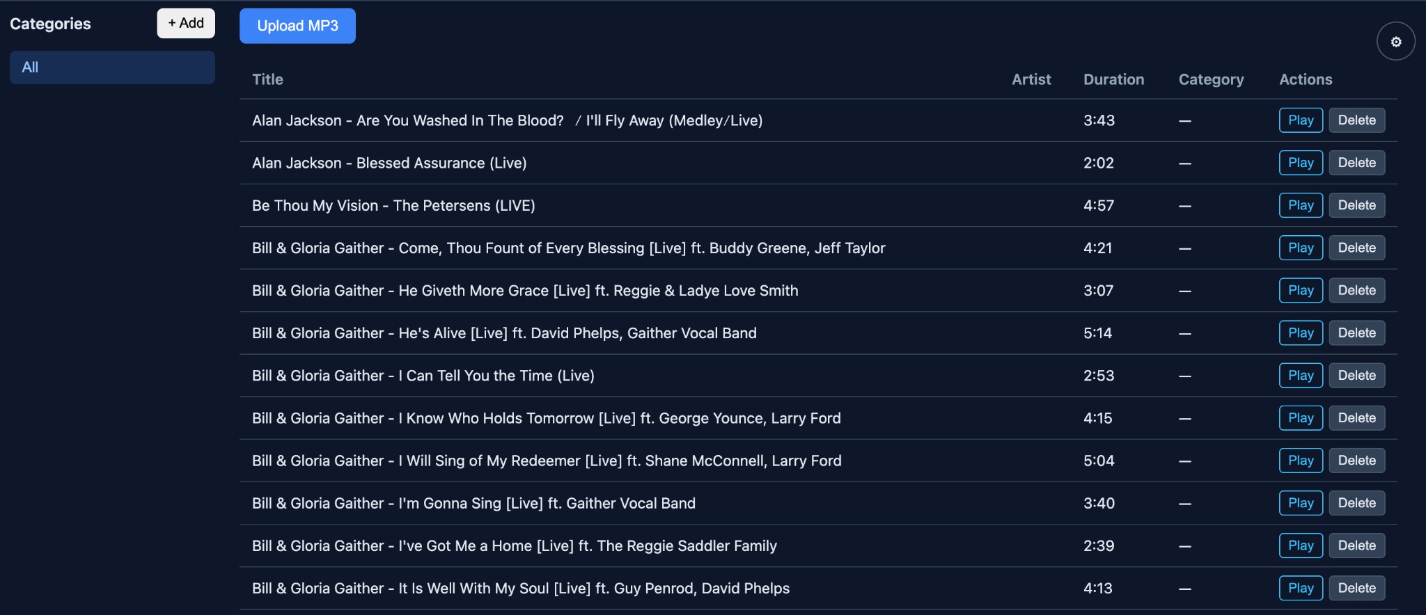 Music library view with category sidebar, upload controls, and track list with durations
